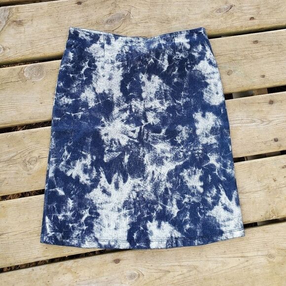 Vintage 90s y2k Tie Dye Metallic Silver Blue Jean Denim Mini Pencil Skirt - Picture 1 of 4